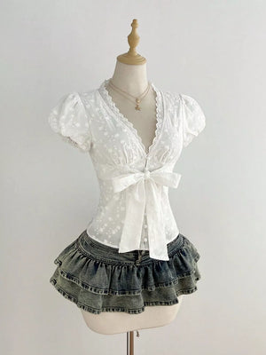 Lace Detail Bow Front Blouse, front view