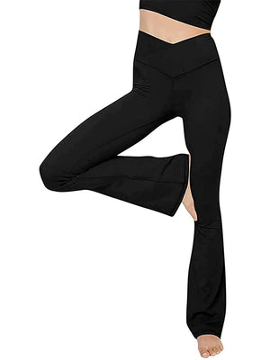 Black V-waist flare leggings with a high rise and bootcut leg