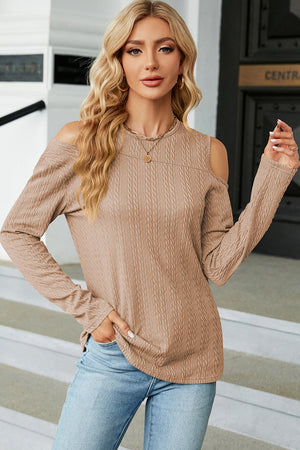 Camel textured cable knit cold shoulder long sleeve top
