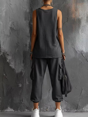 Casual Tank And Cargo Pants Set Plus Size in Sky Blue, side view