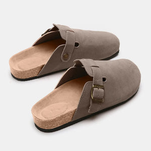 Charcoal suede clog slides with adjustable buckle and cork sole
