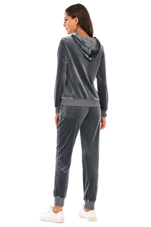 Charcoal velvet loungewear set with hoodie and joggers, ribbed cuffs and waistband