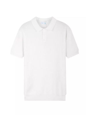 White ribbed short sleeve polo shirt with classic collar and button placket.