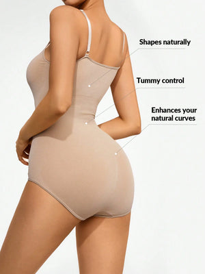 Ribbed contour shaping bodysuit in Dust Storm with tummy control and adjustable straps.