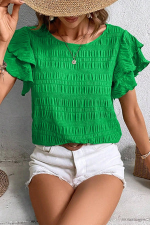 Green textured ruffle sleeve crew neck blouse with smocked bodice.