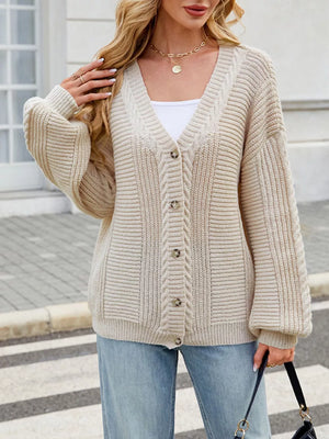 Cable Knit Button-up Cardigan in Black, side view