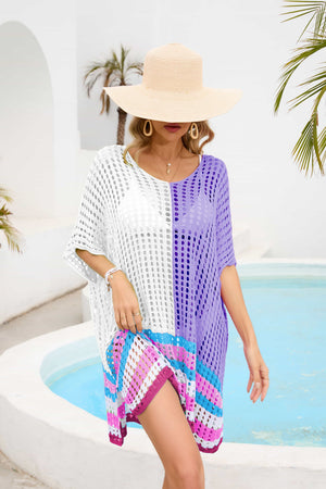 Scoop neck half sleeve cover-up with white and purple colorblock, meshed knit and striped hem