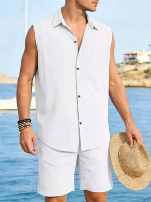 Men's white linen sleeveless shirt and shorts set with brown buttons.