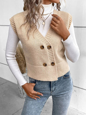 Tan double-breasted knit vest with ribbed trim and button closure