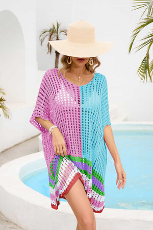 Meshed edge scoop neck half sleeve cover-up in pink and blue with striped hem