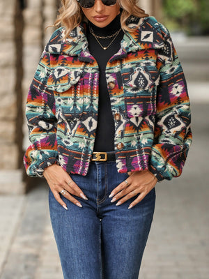Southwestern sherpa button-up jacket in multicolor with tribal pattern and chest pockets.