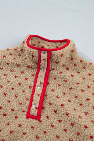 Heart Pattern Fleece Colorblock Collar Sweatshirt in Camel, fabric detail