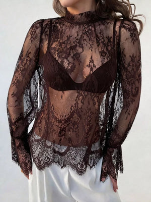 Lace Flounce Sleeve Top in Black, editorial view