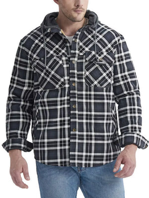 Men's plaid flannel hooded jacket in grey with buttoned pockets and drawstring hood.
