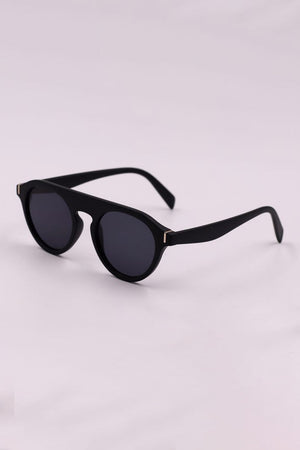 Black round frame sunglasses with dark lenses and gold accents
