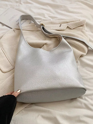 Silver textured pu leather shoulder bag with adjustable strap