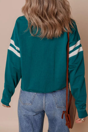 Contrast Striped Patchwork Sweatshirt in French Blue, model styling view