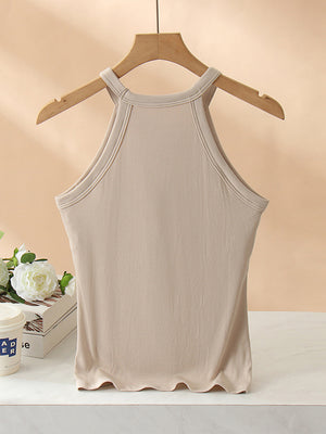 Camel ribbed halter tank top with built-in bra and lettuce hem