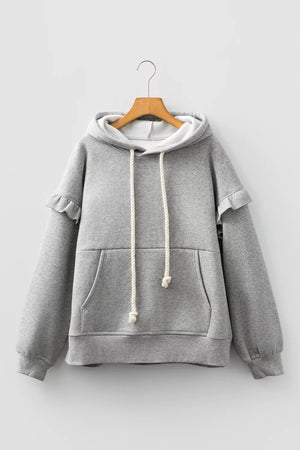 Contrast Rope Drawstring Ruffle Hoodie in Gray, close-up detail