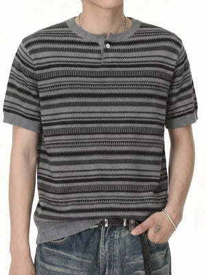 Textured grey henley t-shirt with black horizontal stripes and a button placket.