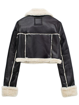 Black cropped aviator jacket with white shearling trim and collar.