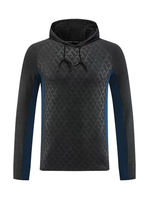 Men's dark gray geometric print hooded sweatshirt with blue side panels