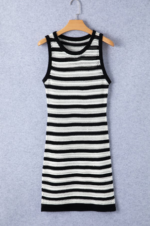 Black and white striped crochet bodycon mini dress with a crew neck and sleeveless design.