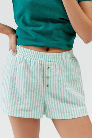 Seersucker boxer shorts in Light Green and white stripes with button fly and elastic waist.
