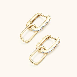 Gold geometric moissanite drop earrings with link design and pavé stones