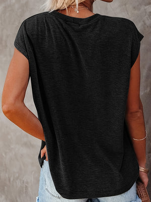 Black relaxed tee with cap sleeves and a casual fit.