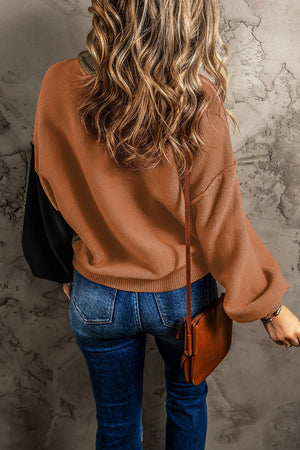 Chic Contrast Cozy Sweater in brown and black with balloon sleeves, casual acrylic knit.
