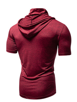 Men's burgundy heathered hooded t-shirt with cowl neck and short sleeves