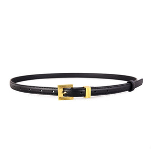 Skinny black leather belt with gold buckle detail