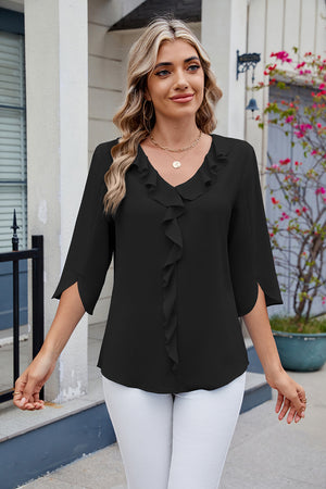Black V-neck flutter sleeve blouse with ruffled front detail and split sleeves.