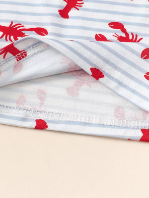 Baby set with red lobster print on blue and white stripes, showing garment seams.