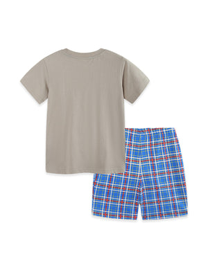 Toddler boys' grey cotton tee with blue plaid shorts.