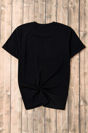 Black t-shirt with a twisted knot detail at the hem and rolled sleeves.