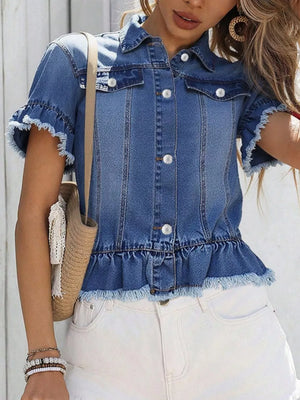 Blue denim trucker jacket with pearl buttons, ruffled short sleeves and hem