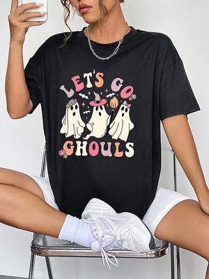 Black t-shirt with retro ghost graphic and text that says Lets Go Ghouls