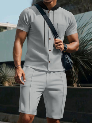 Grey short sleeve hooded set with button-down top and pocketed shorts
