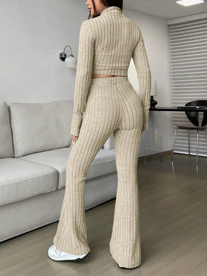 Ribbed knit crop top and flare pants set in Khaki, styled casually.