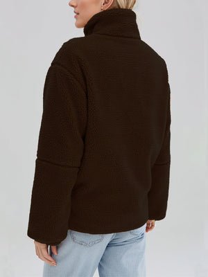 Dark Brown sherpa stand-collar jacket with a textured fleece material and relaxed fit.