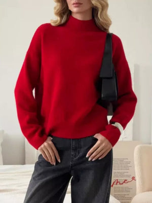 Relaxed mock neck knit sweater in scarlet, acrylic blend, with a casual fit.