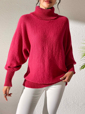 Deep Red balloon sleeve turtleneck sweater with ribbed cuffs and hem.
