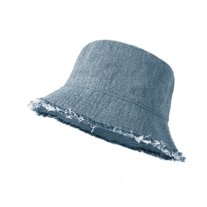 Denim bucket hat in light blue with frayed hem detail