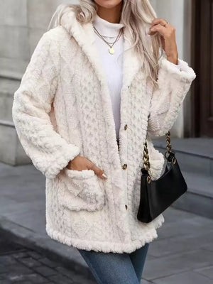 Plush hooded fleece trench coat in cream with button-down front and patch pockets.