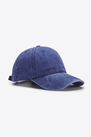 Washed cotton baseball cap in Indigo with a curved brim and adjustable strap.