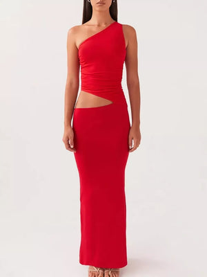 Red one-shoulder maxi dress with cutout detail