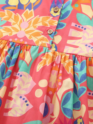 Toddler button-down dress with vibrant floral print and gathered waist.