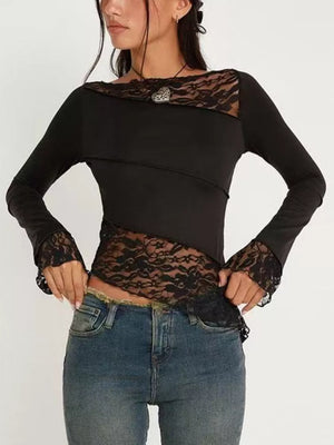 Black asymmetrical long sleeve tee with lace details on neckline and cuffs